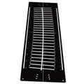 Black golf putting practice mat with white alignment lines and scoring marks