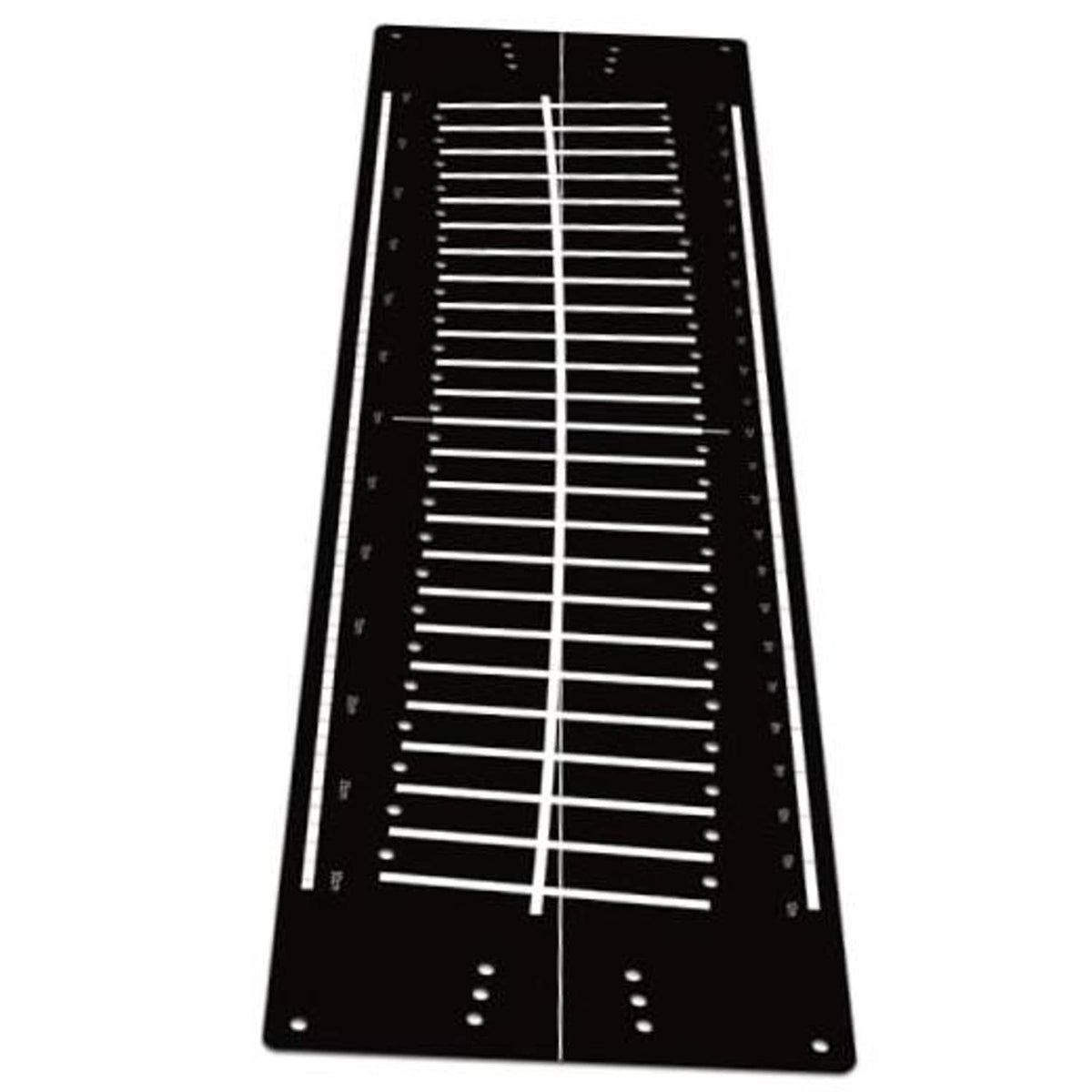 Black golf putting practice mat with white alignment lines and scoring marks