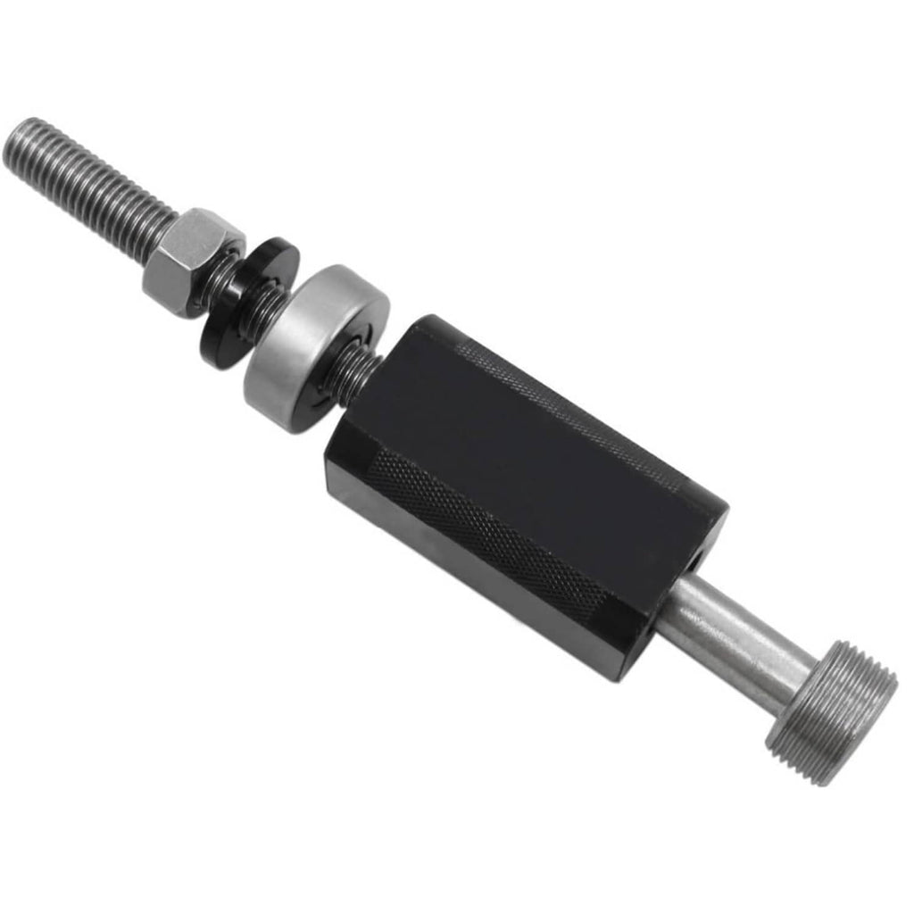 Injector sleeve remover installer tool: black textured cup driver on threaded steel bar