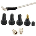 Tire valve stem tool remover and installation kit with metal lever and black rubber caps