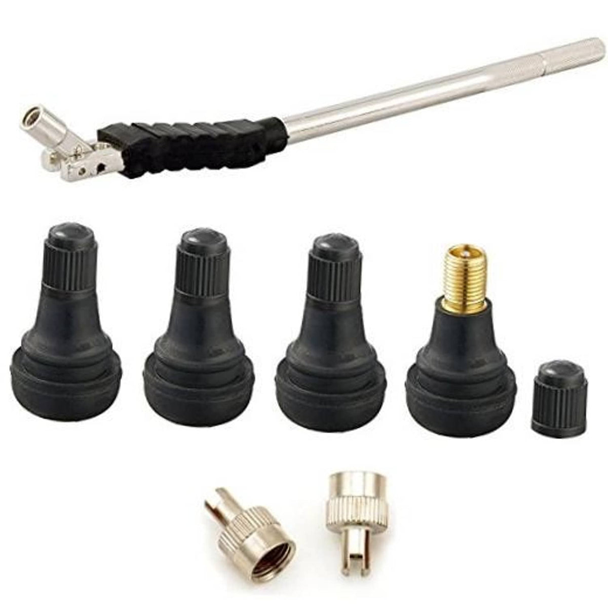 Tire valve stem tool remover and installation kit with metal lever and black rubber caps