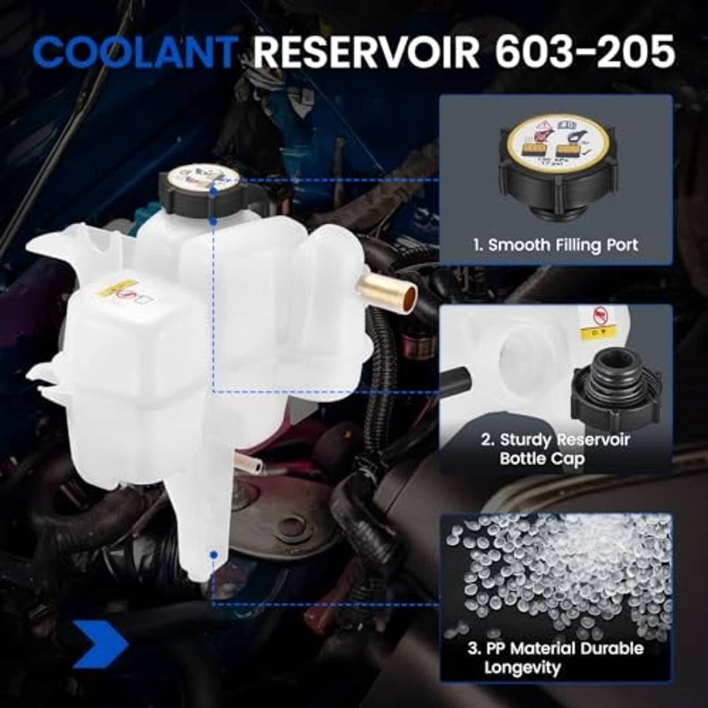 White coolant reservoir tank with black cap and brass outlet, shown in engine bay