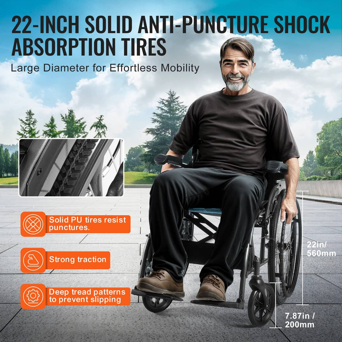 Manual wheelchair with large anti-puncture solid tires and rear wheel mobility