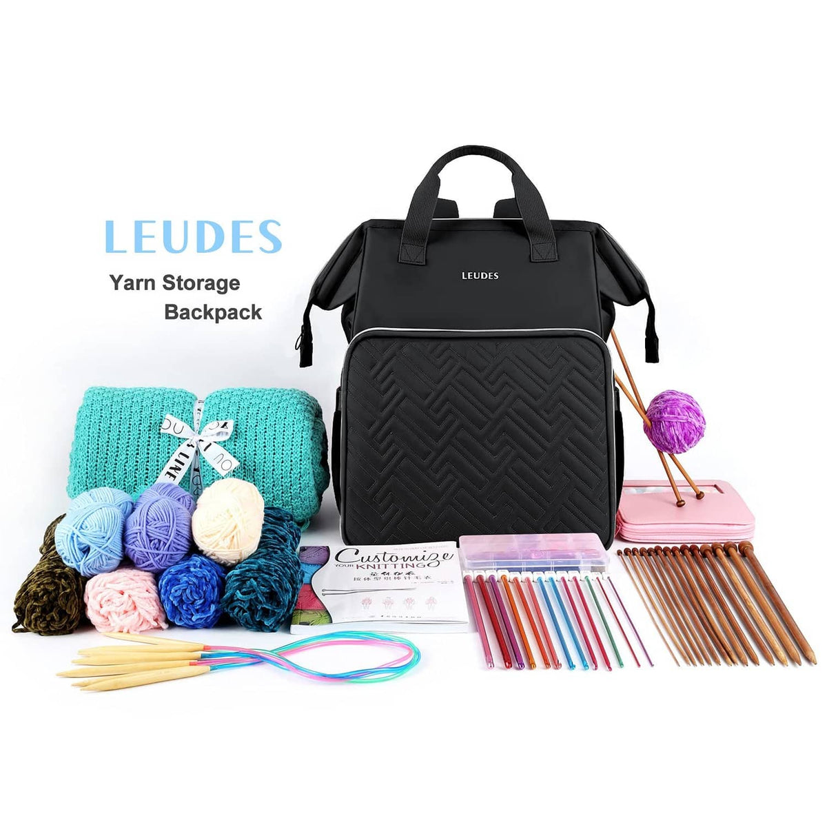 LEUDES black yarn storage backpack with quilted front panel, zipper pocket, and top handles