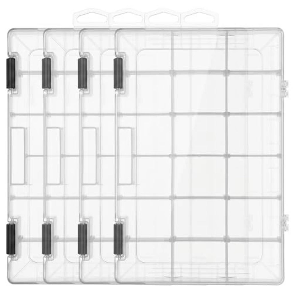 Clear tackle box organizer with multiple parallel divider columns and black latches
