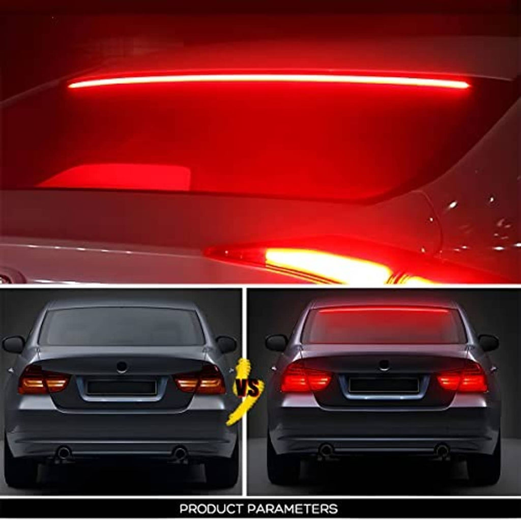 Rear comparison showing red LED brake light bar glow, bright high mount