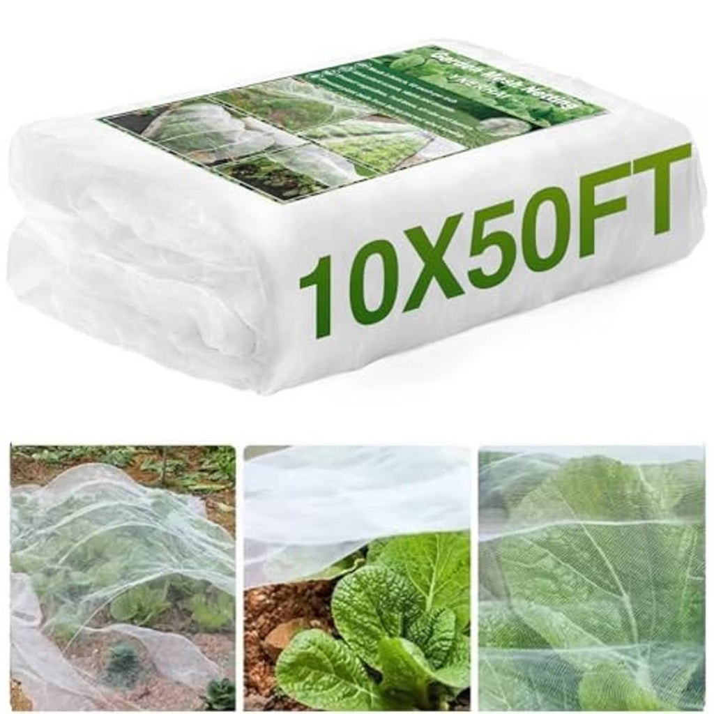 Garden mesh netting barrier roll, white with green side label and folded mesh sections