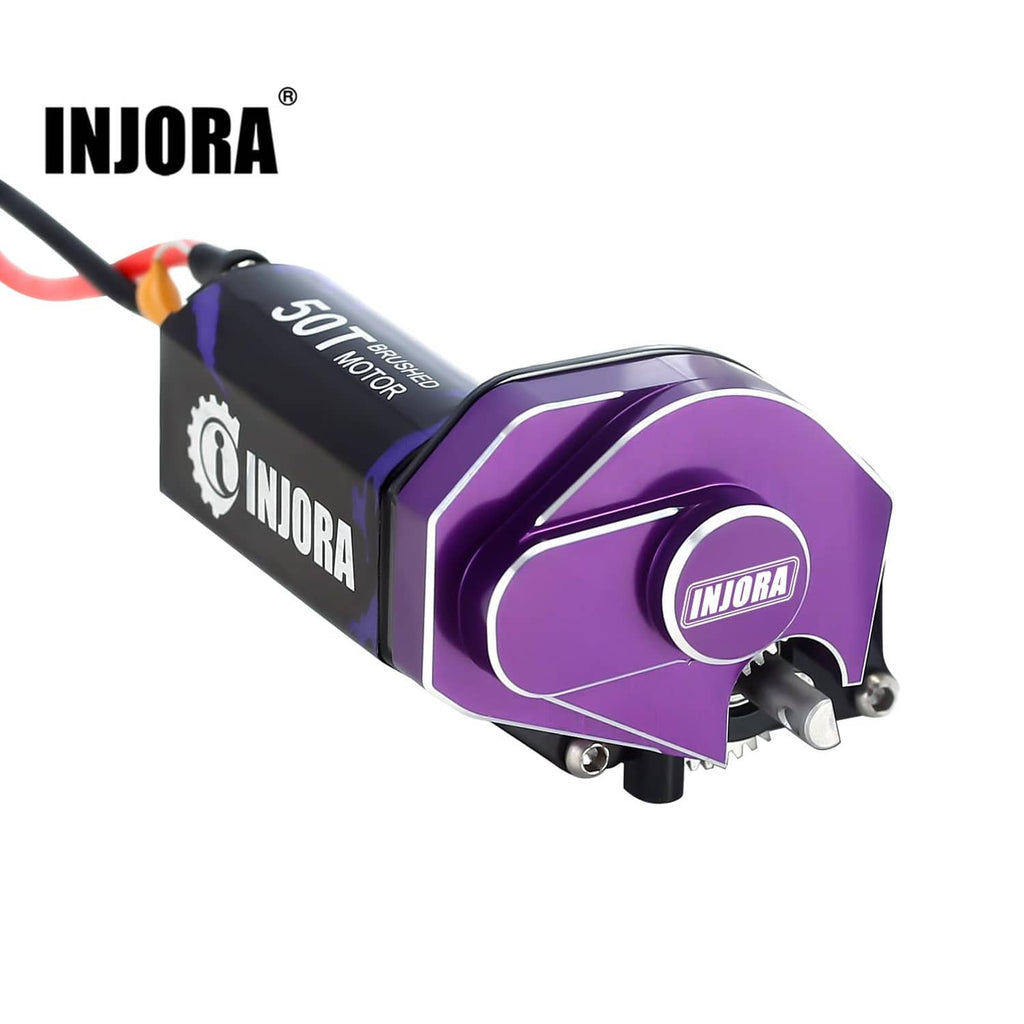 INJORA brushed motor with transmission, purple and black canister, logo and output shaft