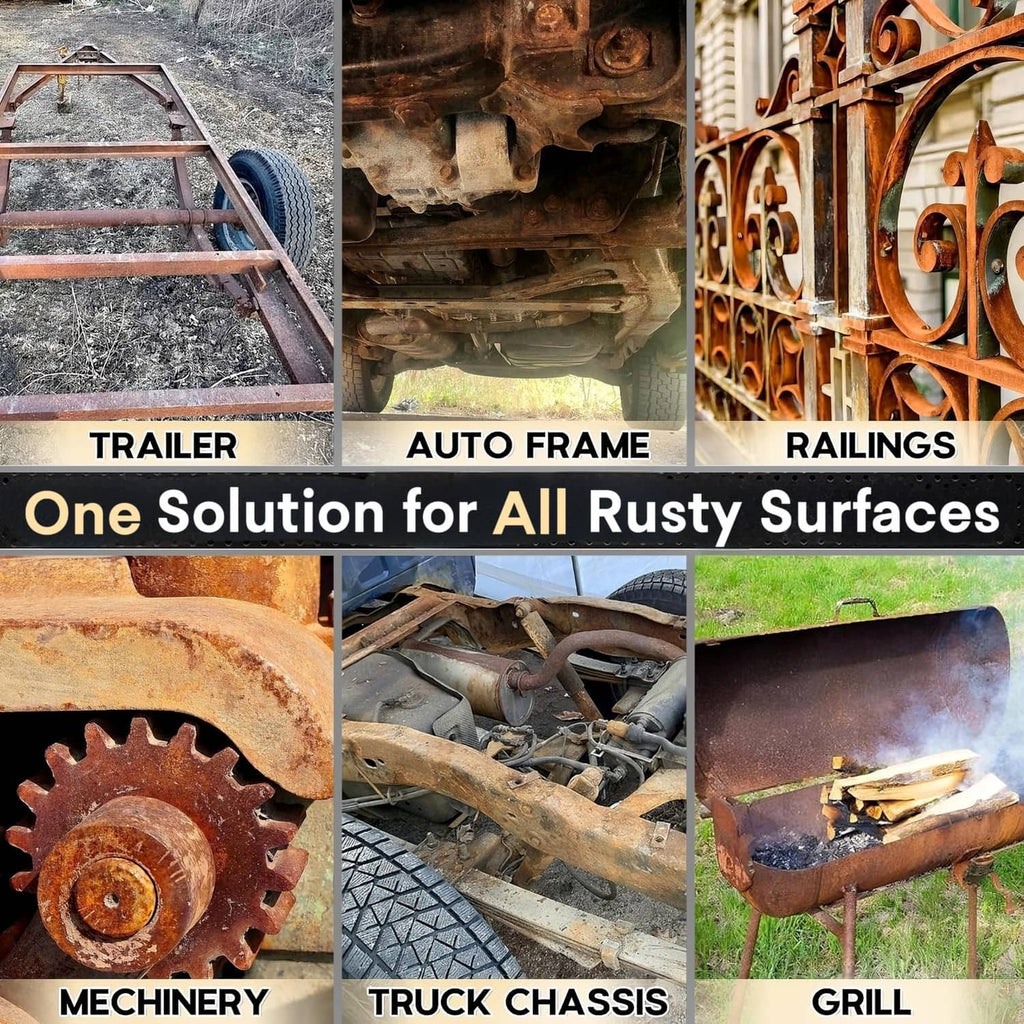 Promotional graphic showing rusty trailer, auto frame, railings, machinery, and grill
