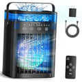 Black portable air conditioner with top handle and blue-lit cooling window, front grille