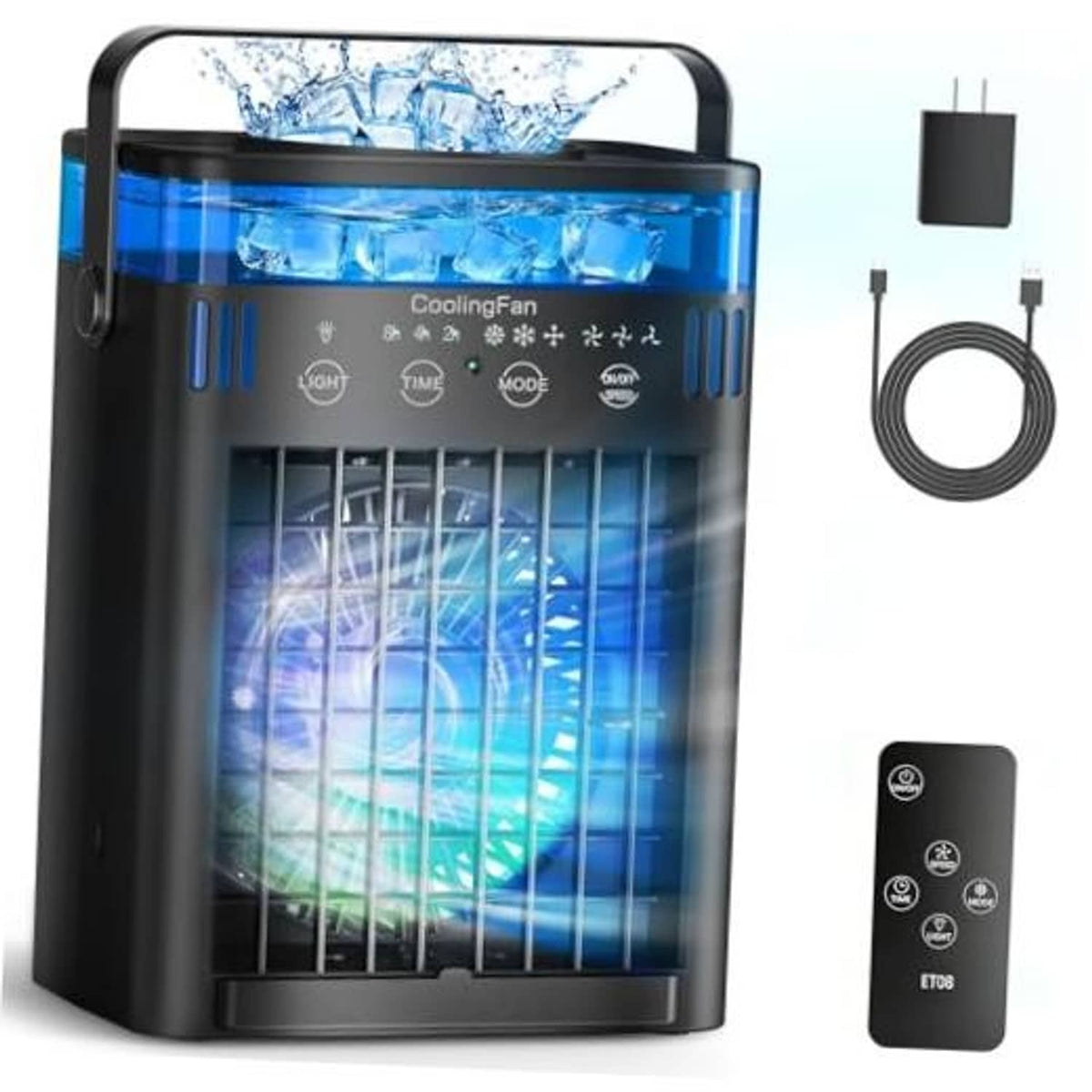 Black portable air conditioner with top handle and blue-lit cooling window, front grille