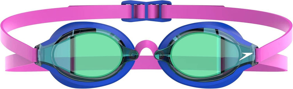 Front view swim goggles with two dark lenses, blue frame, and pink head strap