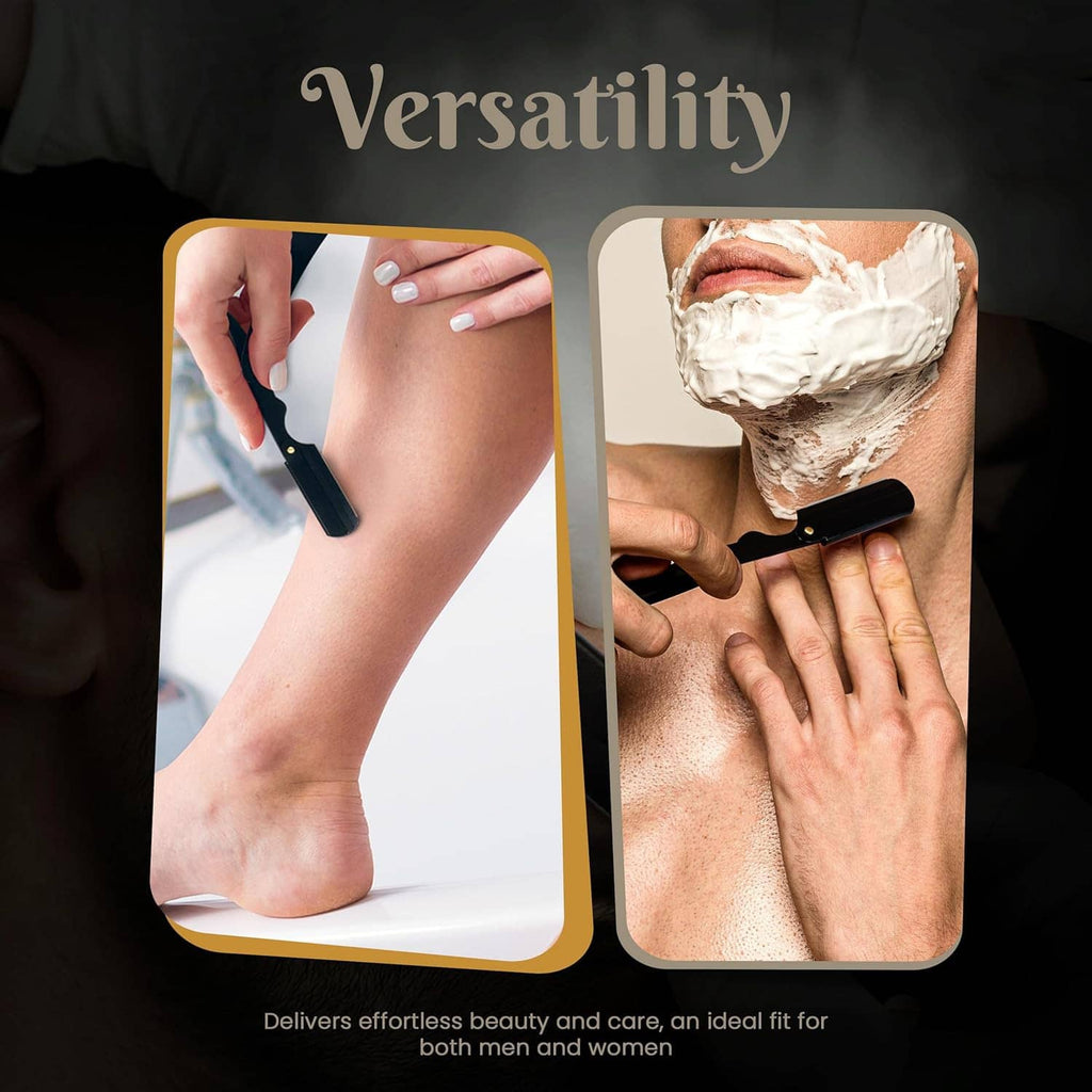 Black straight razor with safety cap, shown being used on hand and beard area.