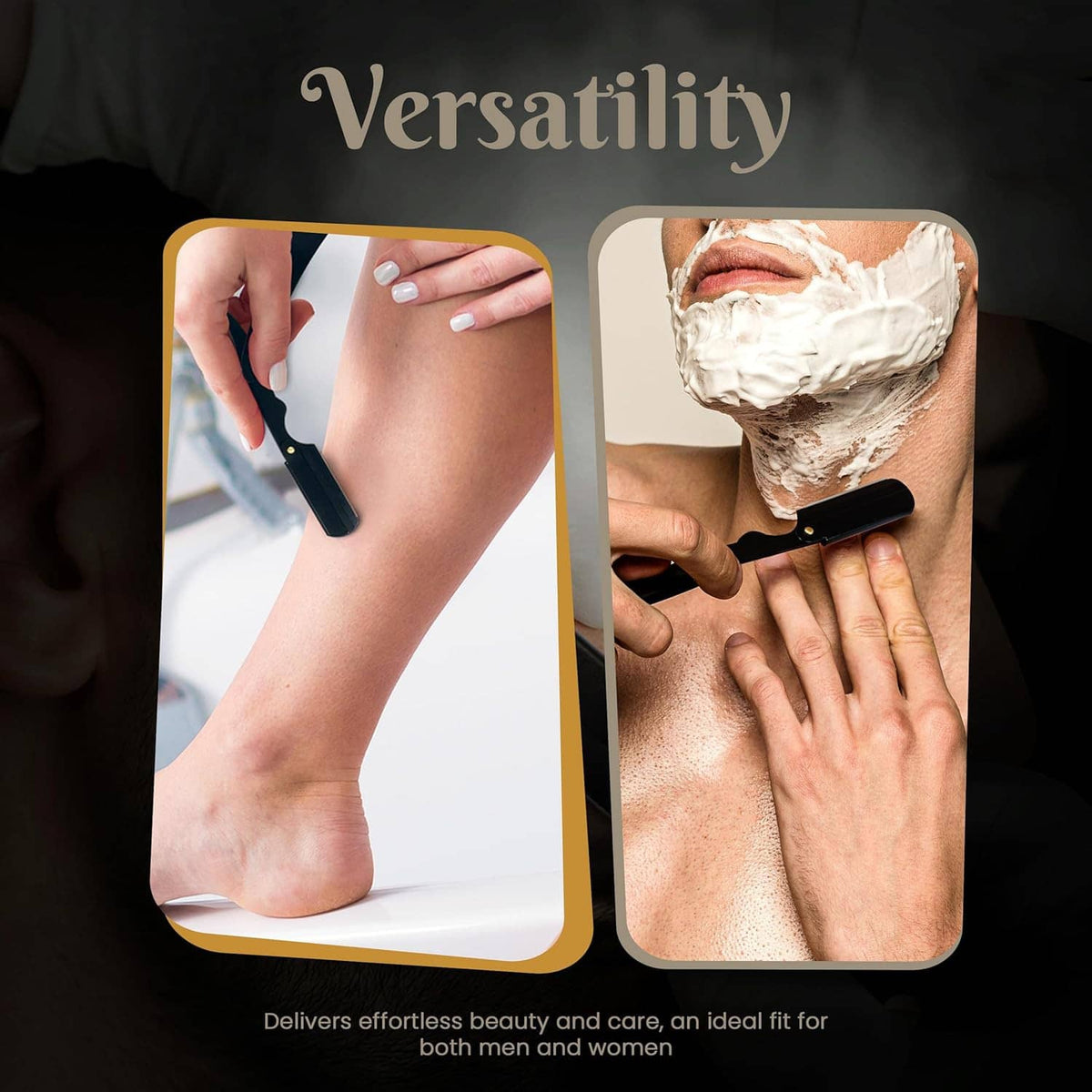 Black straight razor with safety cap, shown being used on hand and beard area.
