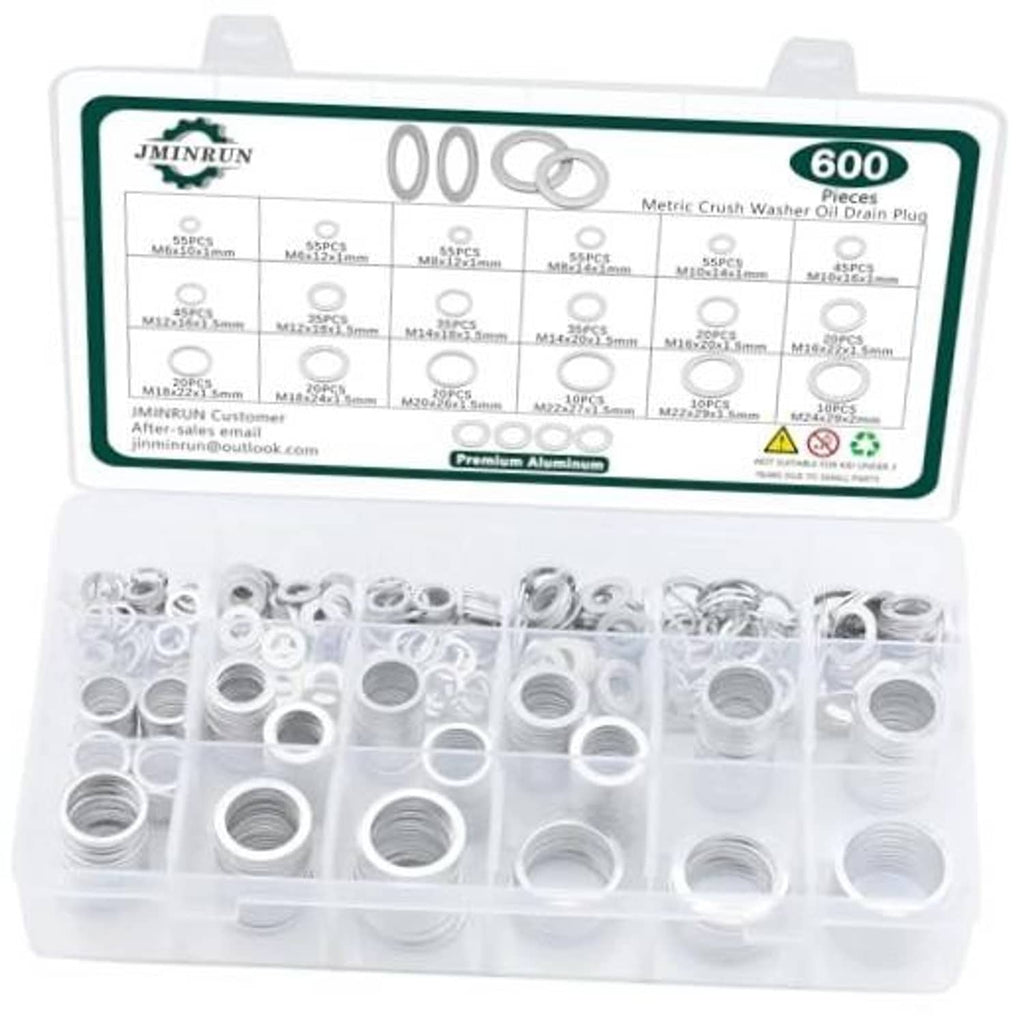 600-piece aluminum oil drain plug crush washer gasket set in clear organizer tray