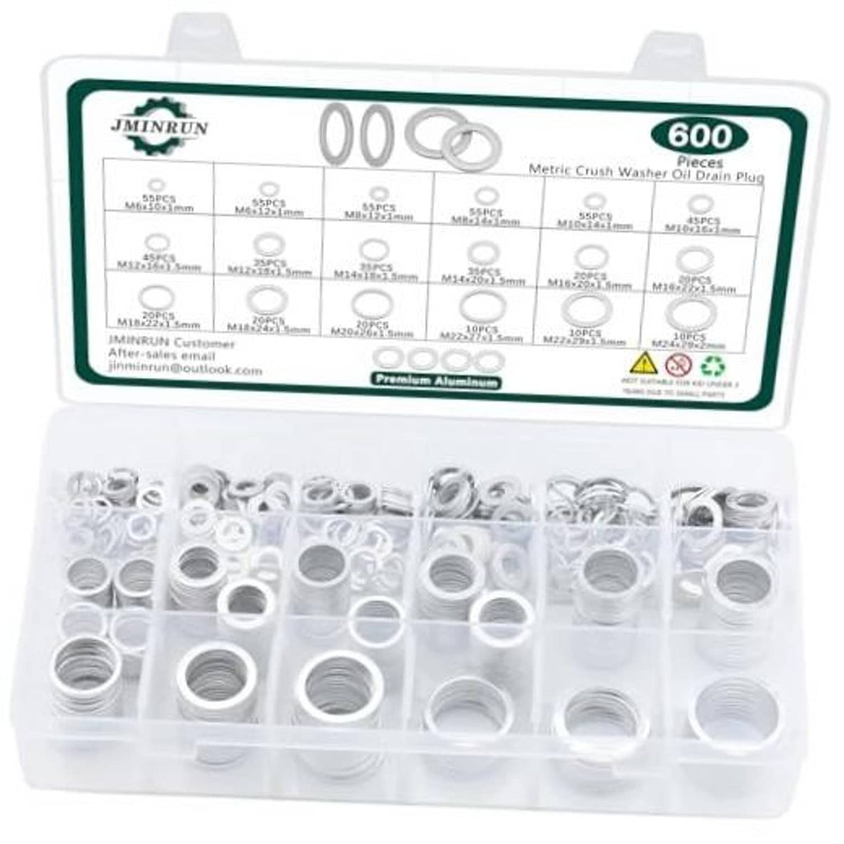 600-piece aluminum oil drain plug crush washer gasket set in clear organizer tray