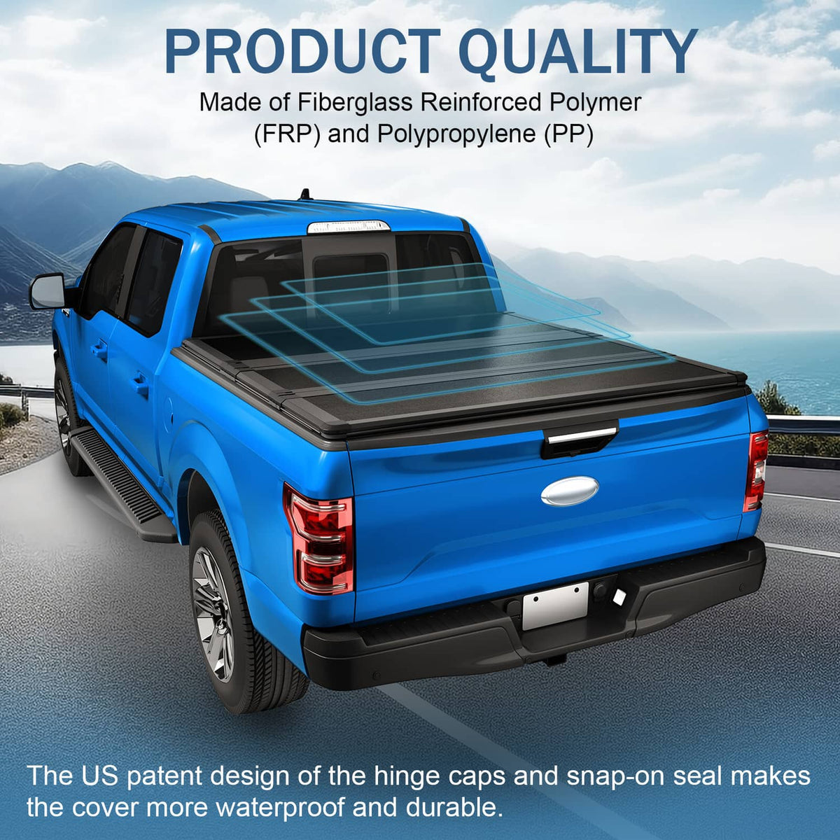 Black tri-fold hard tonneau cover mounted on a pickup truck bed