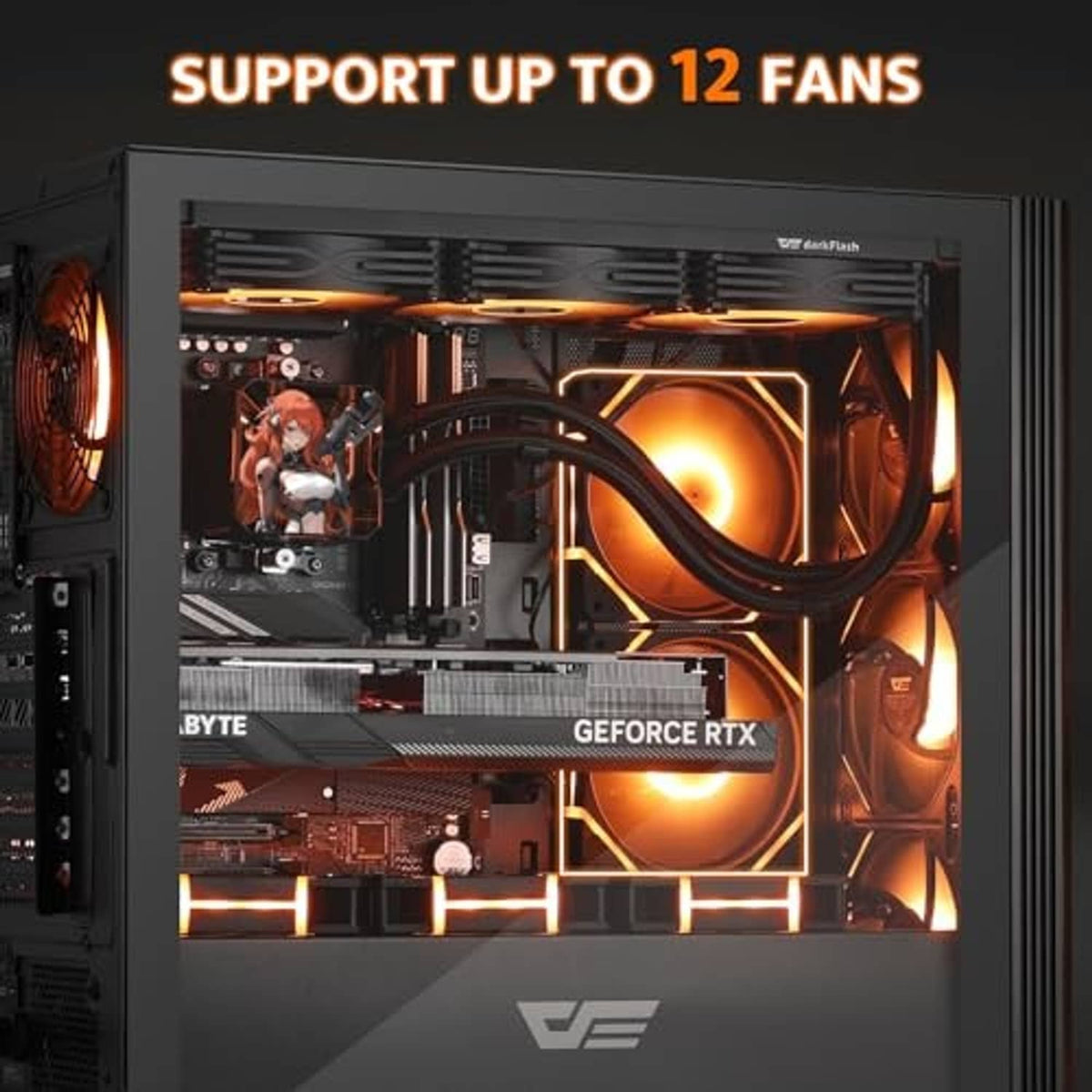 ATX PC case interior with multiple visible fans and front glass-style opening