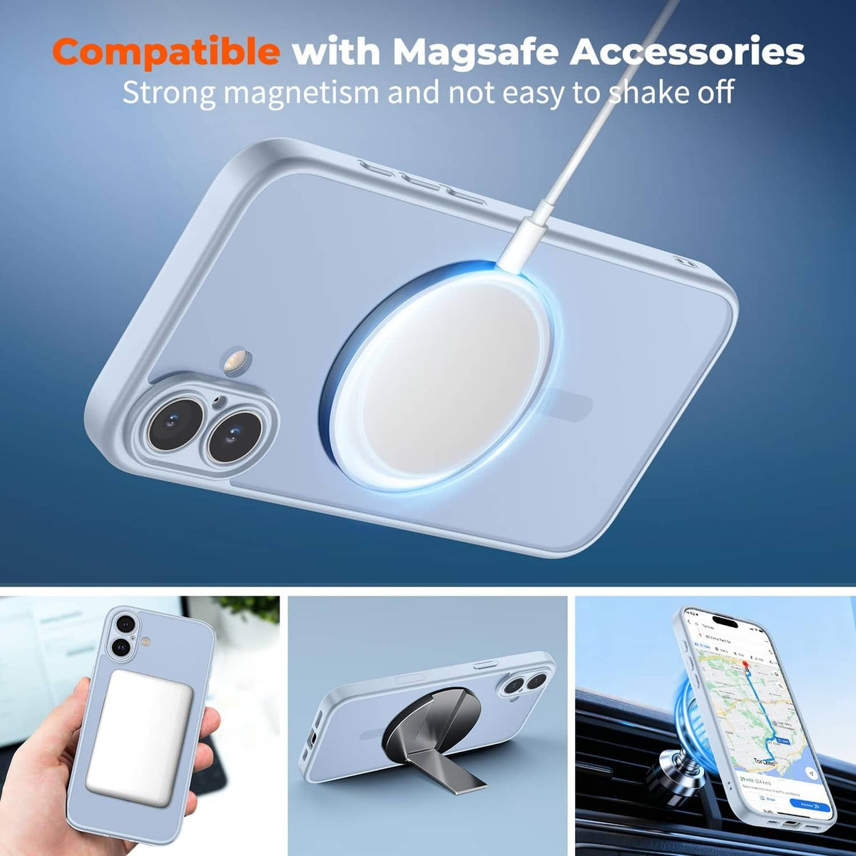 MagSafe compatible silver blue iPhone 16 Plus phone case with magnetic charging ring