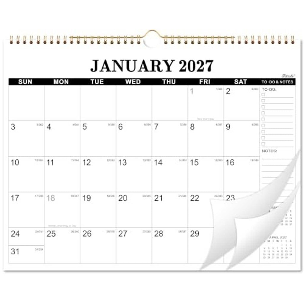 January 2027 wall calendar with spiral binding and to-do & notes sidebar