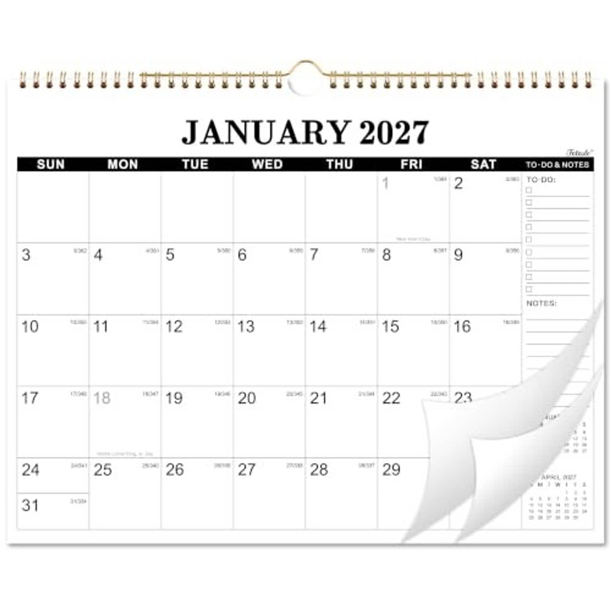 January 2027 wall calendar with spiral binding and to-do & notes sidebar
