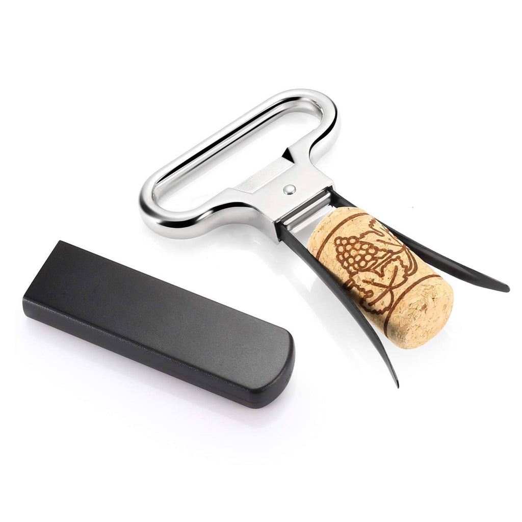 Two-prong wine corkscrew with black base cover, chrome lever and cork pull prongs