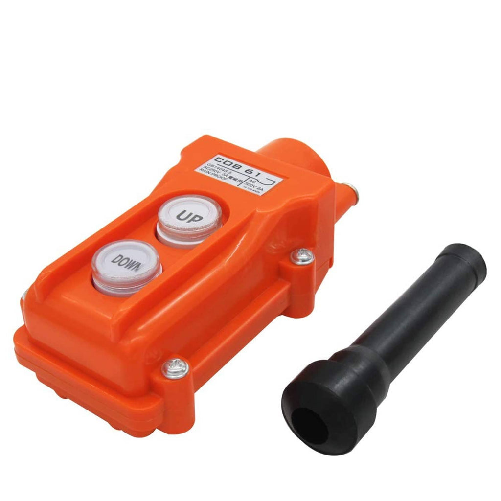 Orange waterproof switch control box with UP/DOWN buttons and black hanging handle
