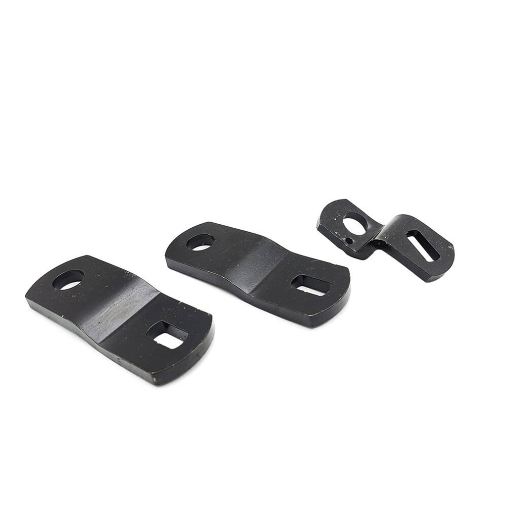 Black steel shifter linkage bracket set with mounting holes and slotted openings