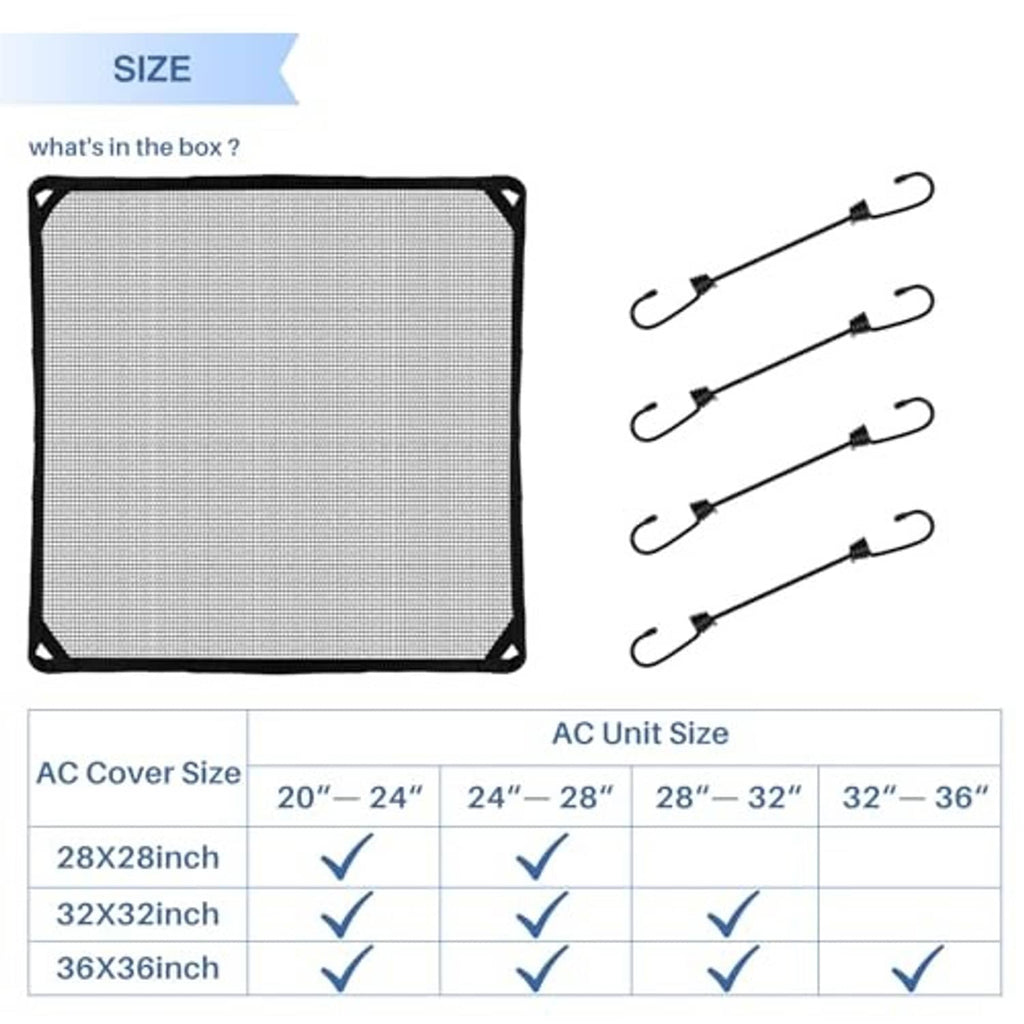Black mesh AC unit cover size diagram with corner hook cords