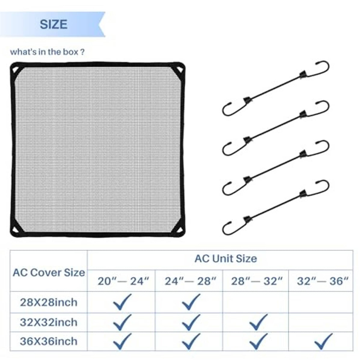 Black mesh AC unit cover size diagram with corner hook cords