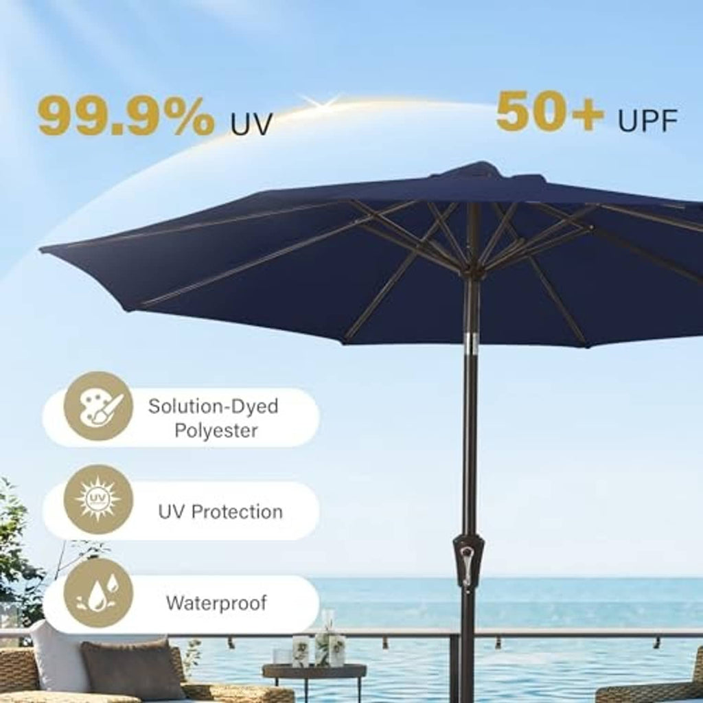 Navy patio umbrella canopy with crossed ribs pattern and straight pole