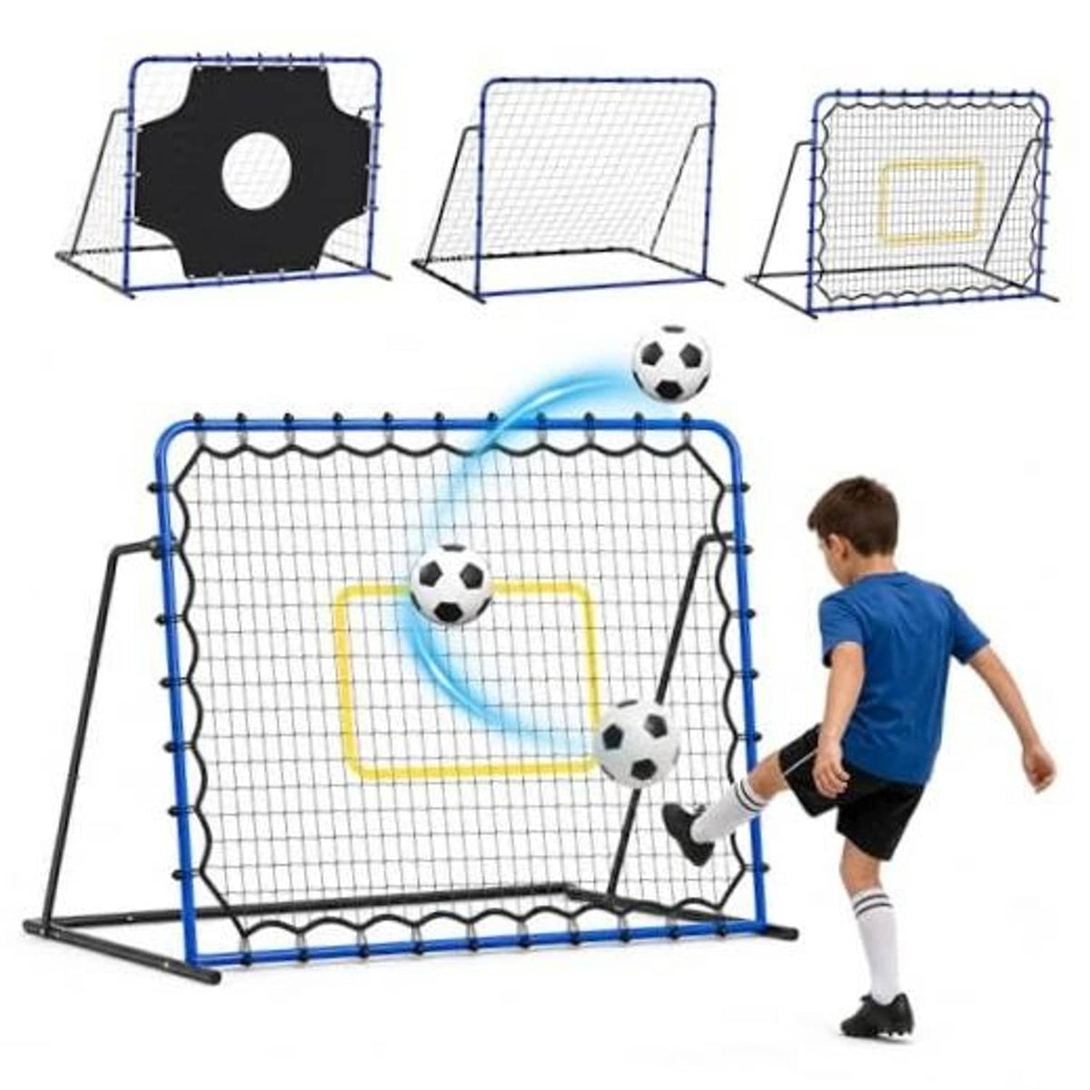 3-in-1 soccer rebound net with blue frame, white grid, square target cloth and balls