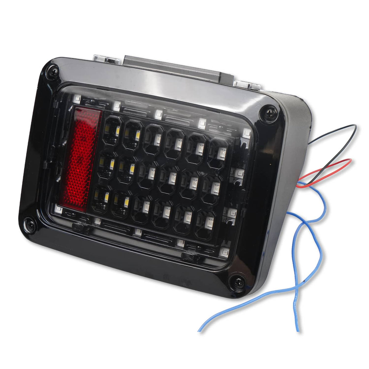 Rectangular LED lamp module with clear window, multiple chips and red reflector
