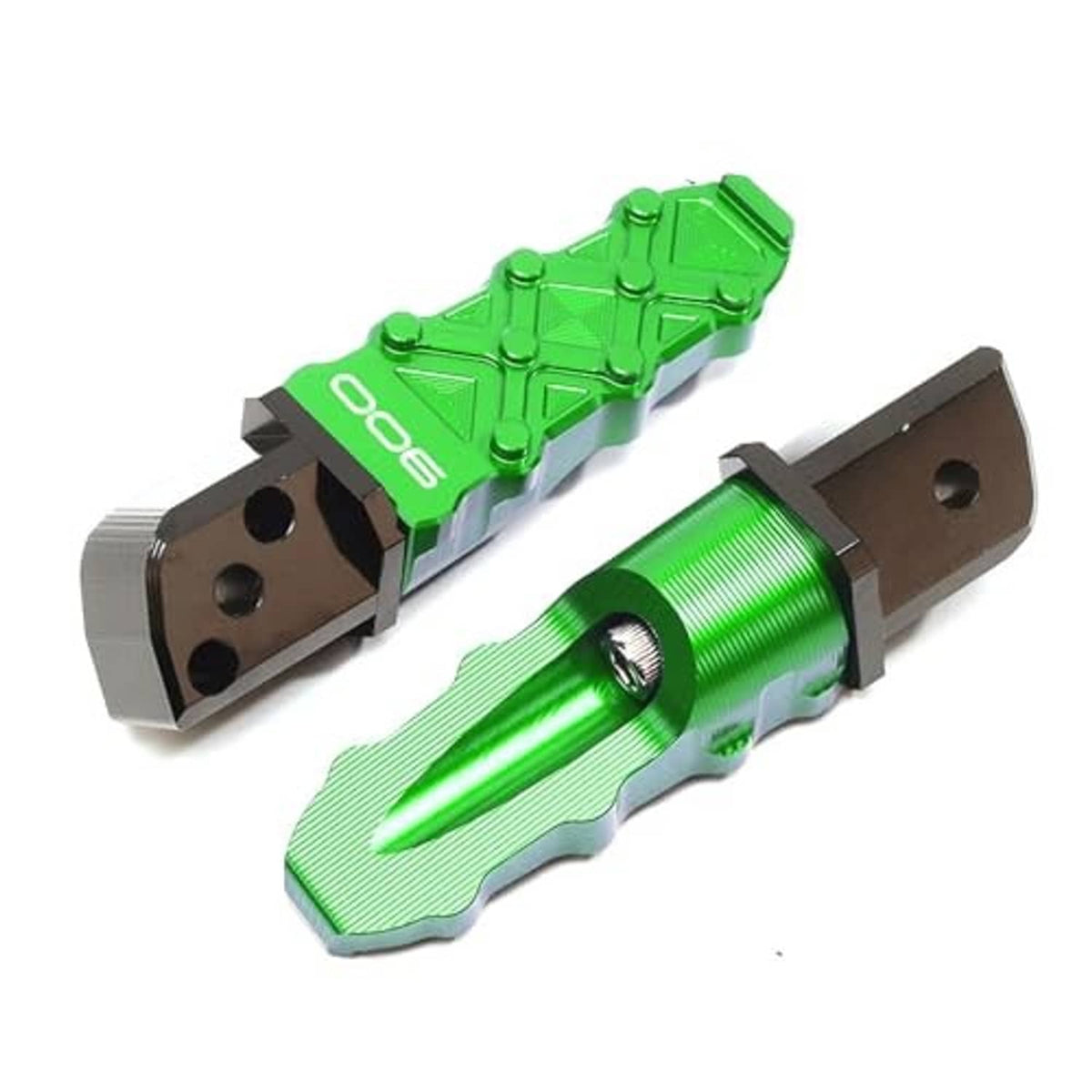 Green motorcycle frame slider set with two pointed ends and mounting holes