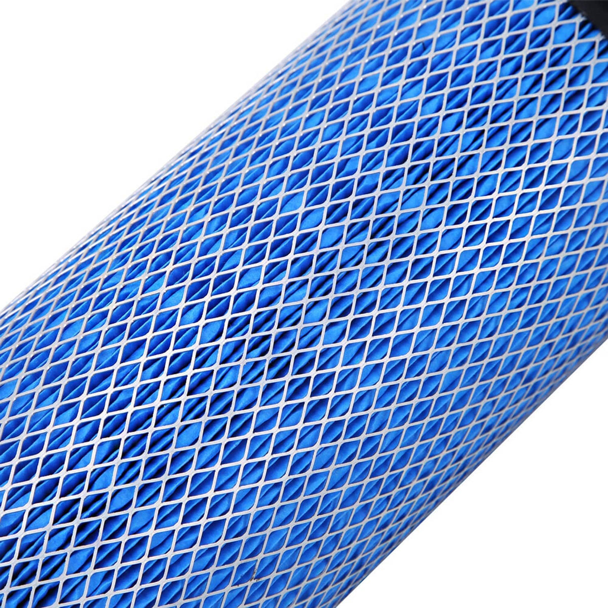 Close-up of blue diamond-pattern mesh on air filter cartridge