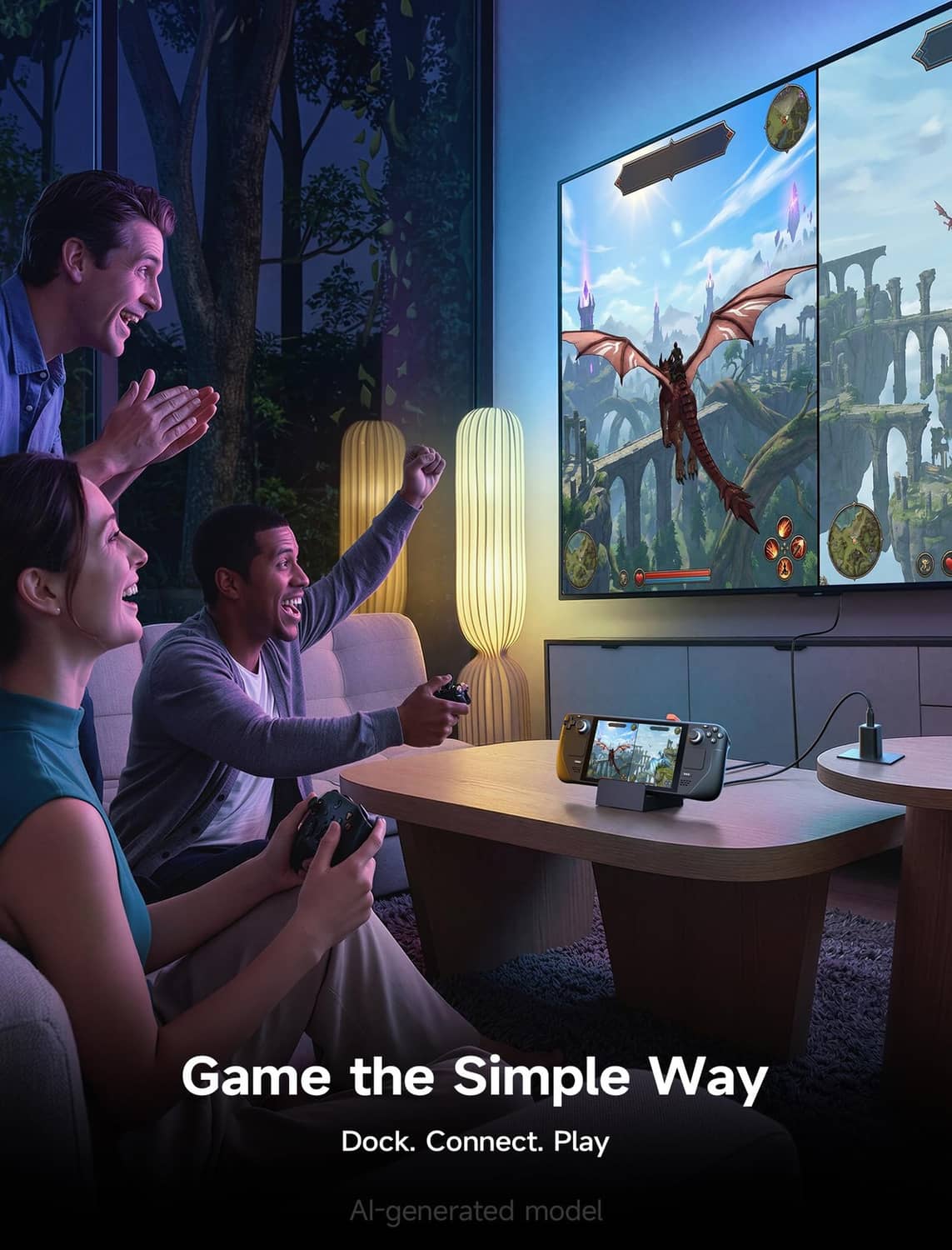 Handheld gaming console docked on desk to a TV for gameplay, black 4-in-1 dock
