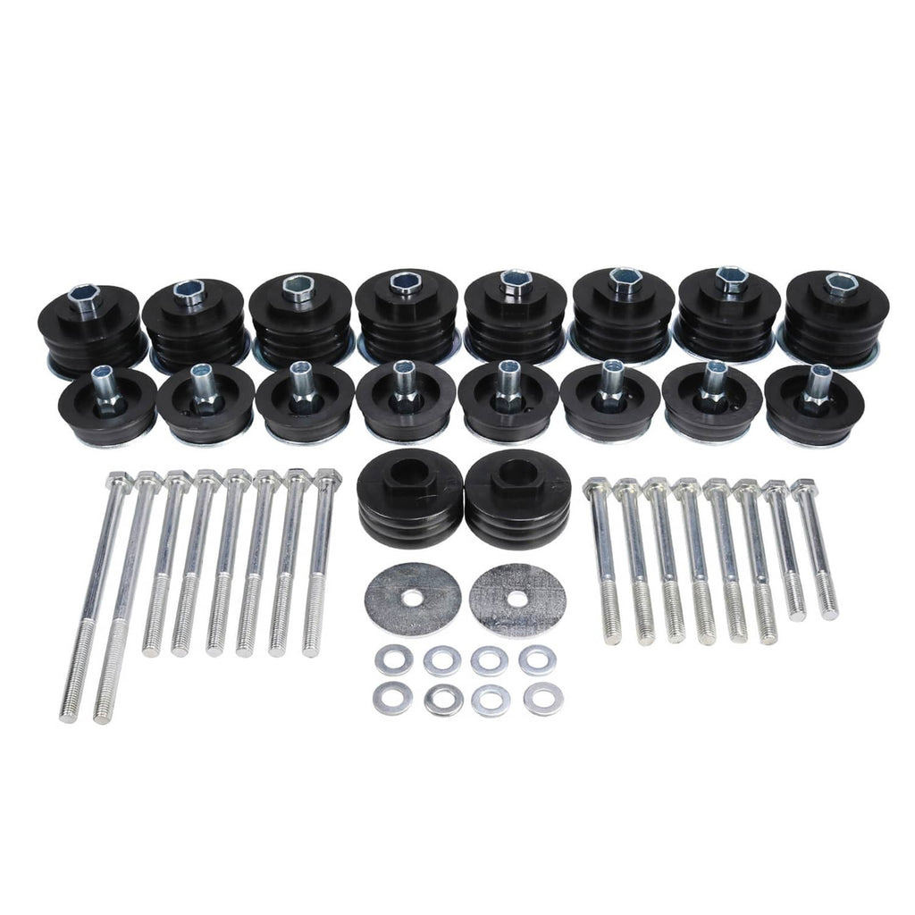 Body cab mount kit with black polyurethane mounts, steel sleeves, and mounting bolts