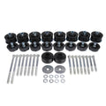 Body cab mount kit with black polyurethane mounts, steel sleeves, and mounting bolts