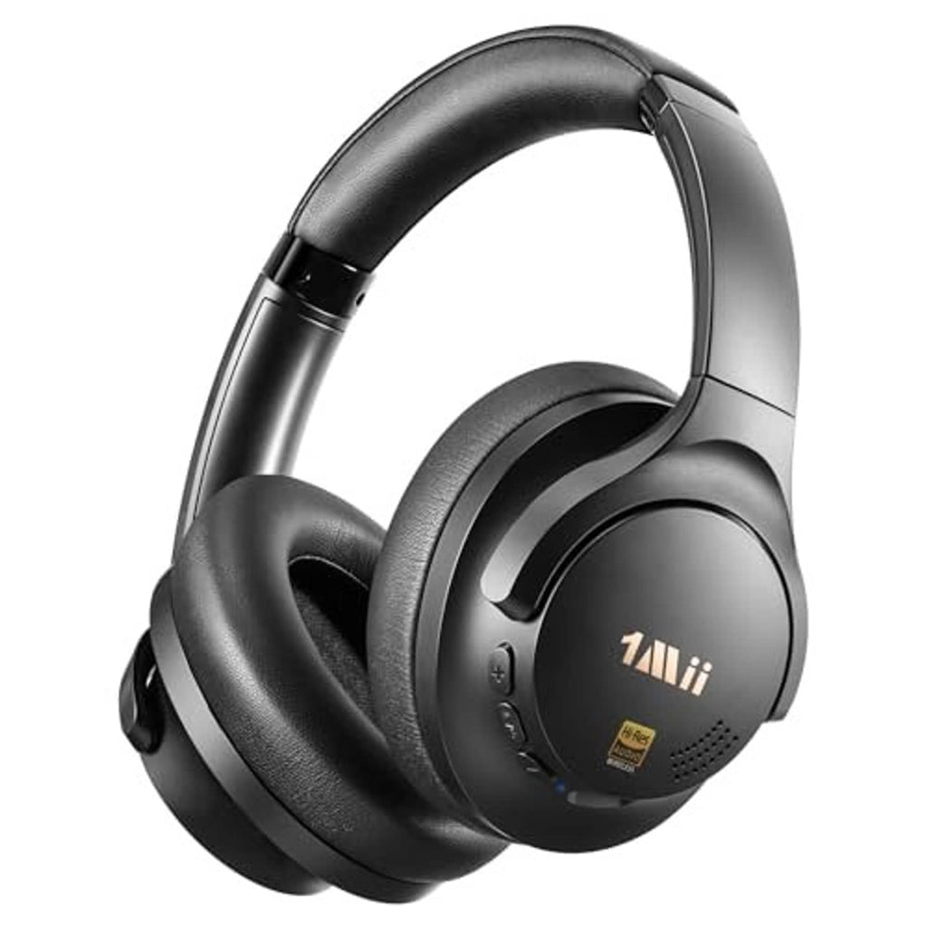 Black over-ear wireless headphones with circular ear cups and padded headband.