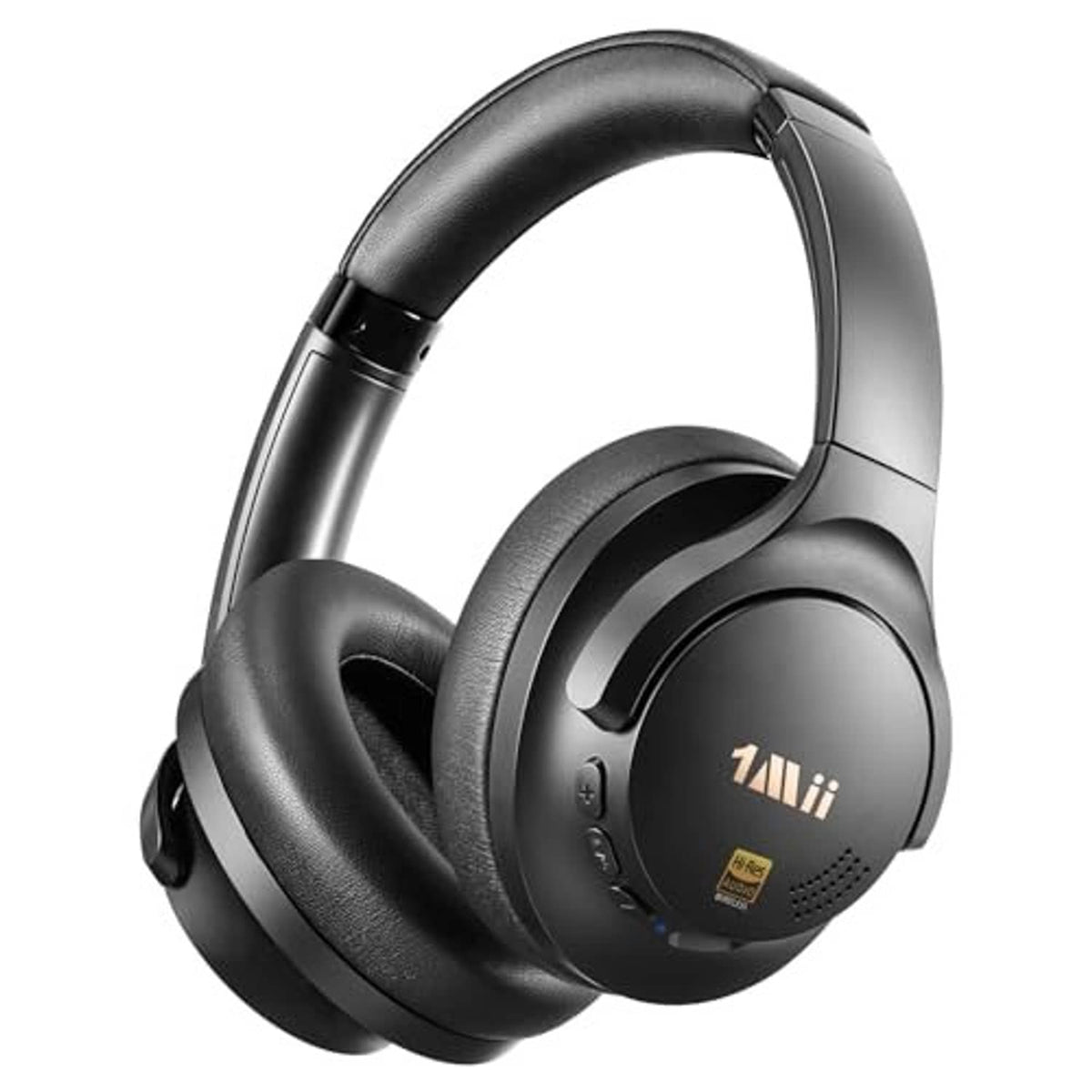 Black over-ear wireless headphones with circular ear cups and padded headband.