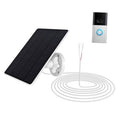 Solar panel charger kit with black solar panel, white mount, and coiled power cable