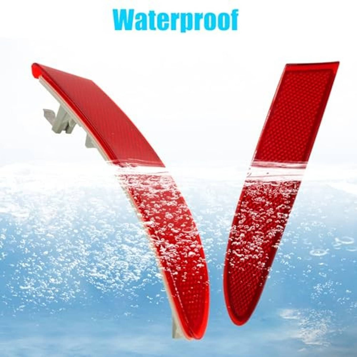 Two red rear bumper reflector pieces with textured surface and mounting tabs