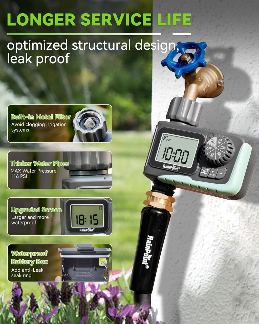 Weatherproof programmable hose timer with LCD display and metal fittings, shown on wall