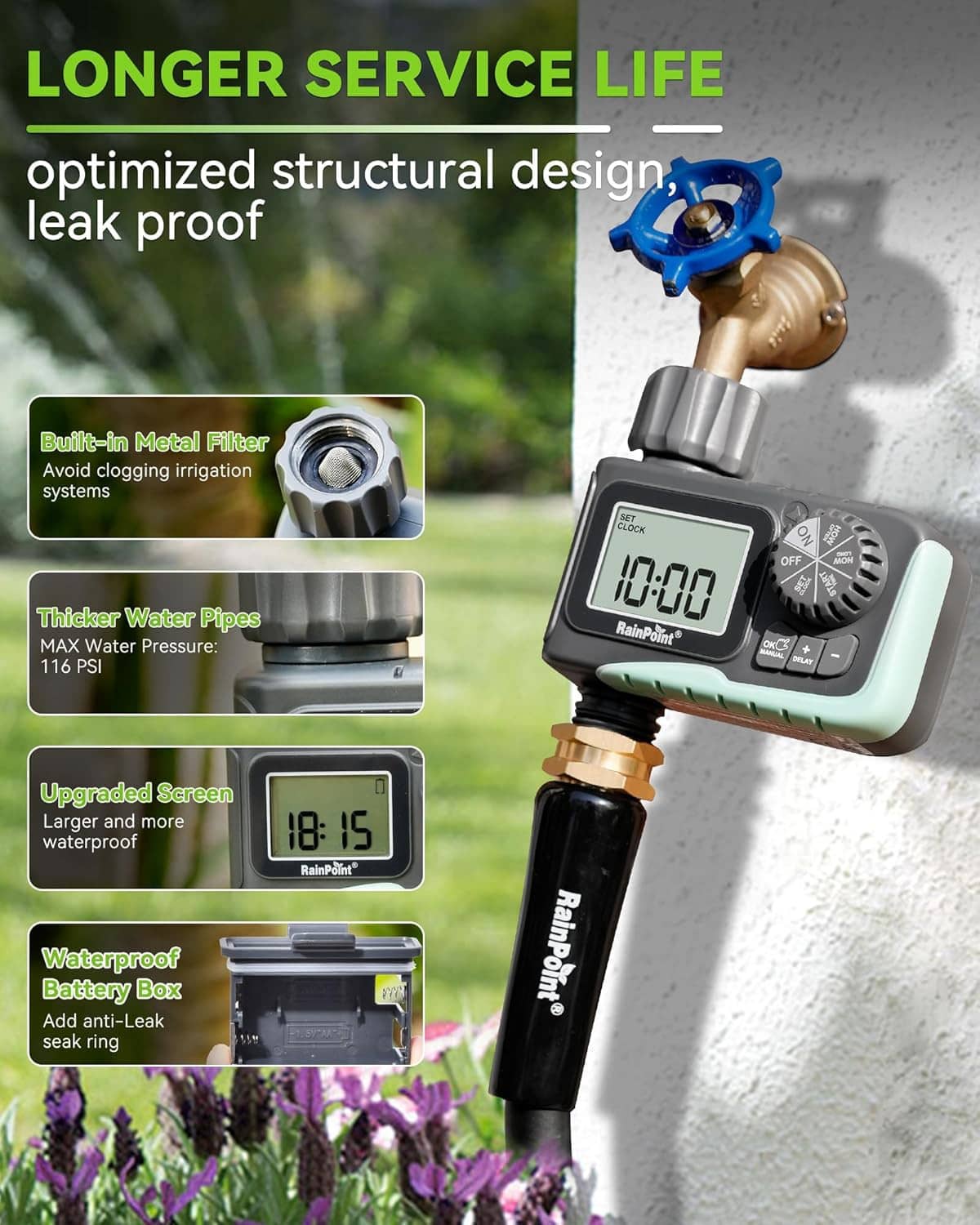 Weatherproof programmable hose timer with LCD display and metal fittings, shown on wall