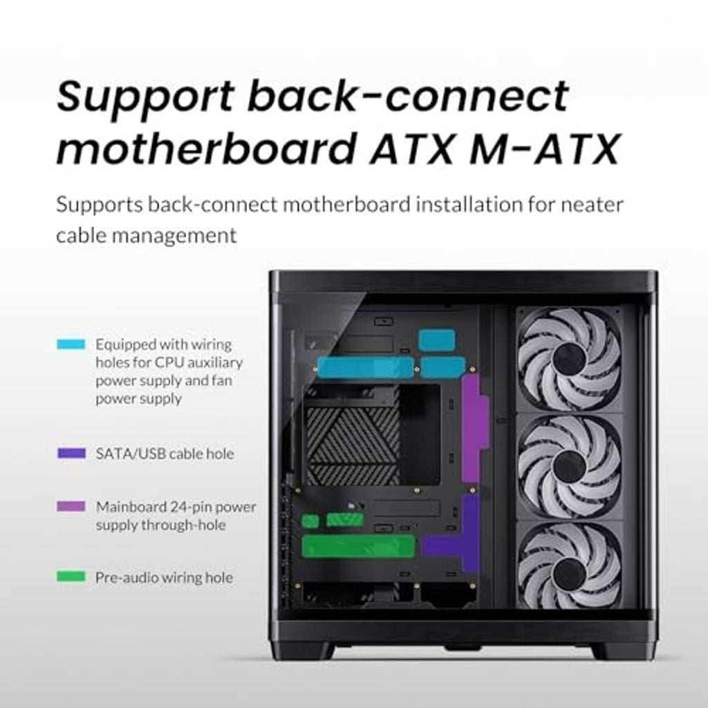 Mid-tower PC case cutaway showing motherboard support area and cooling fans, black interior