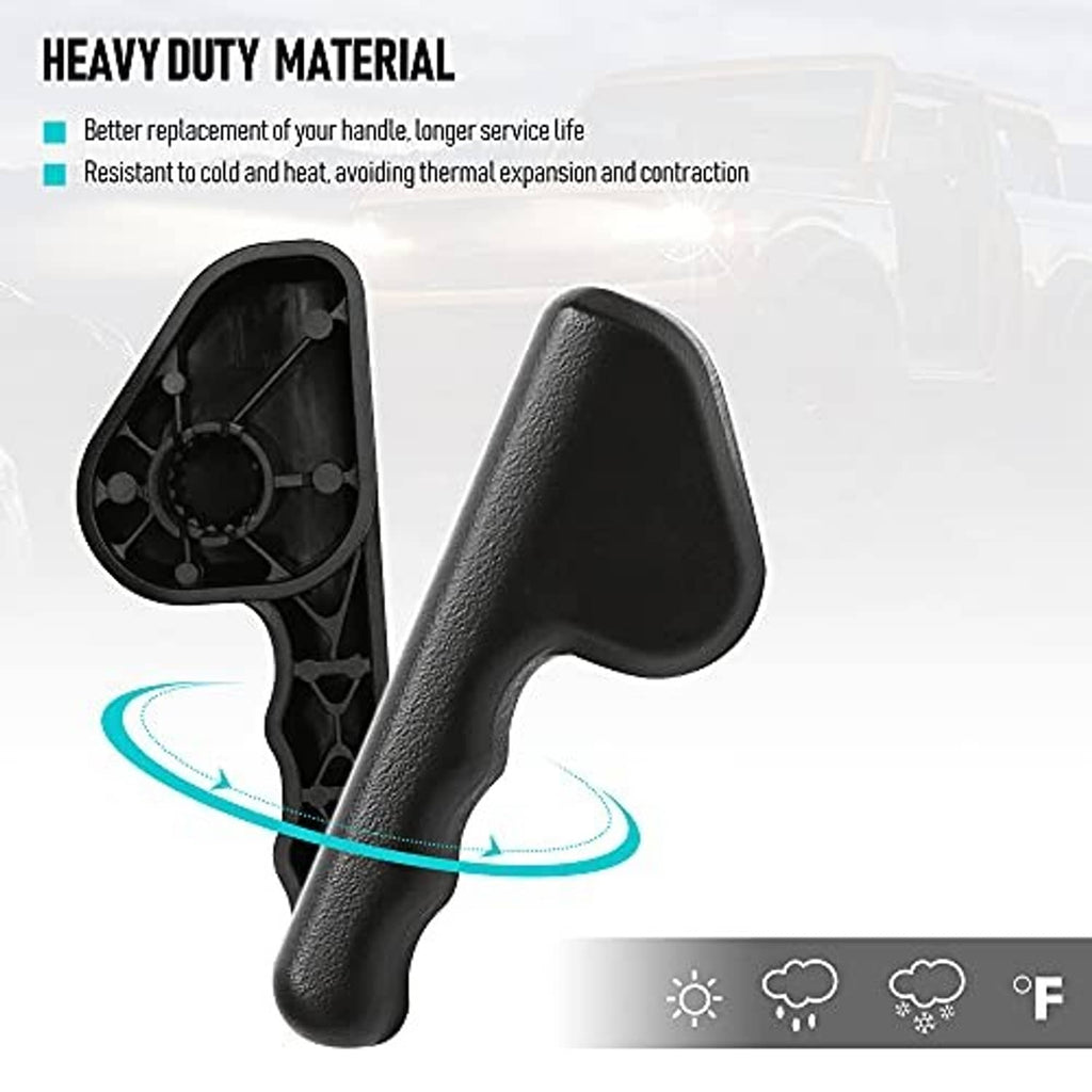 Black seat adjuster handle showing internal mounting posts and textured handle
