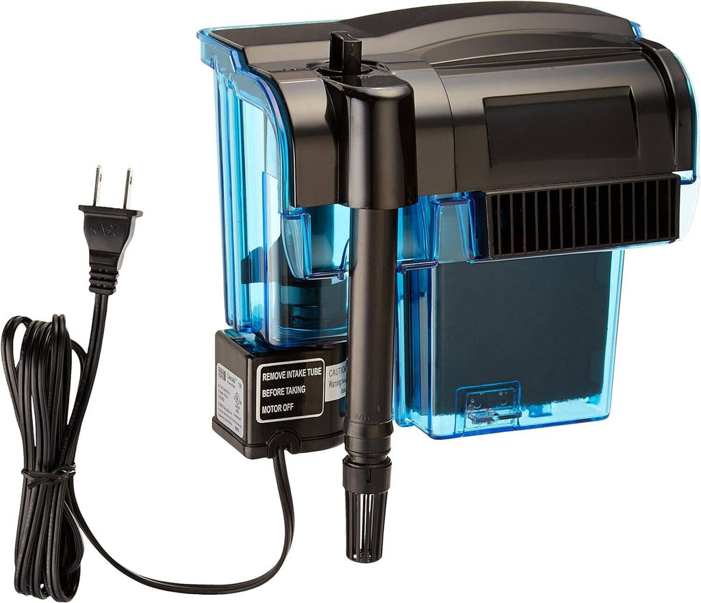 Aquarium canister filter unit with blue media chamber and black power cord