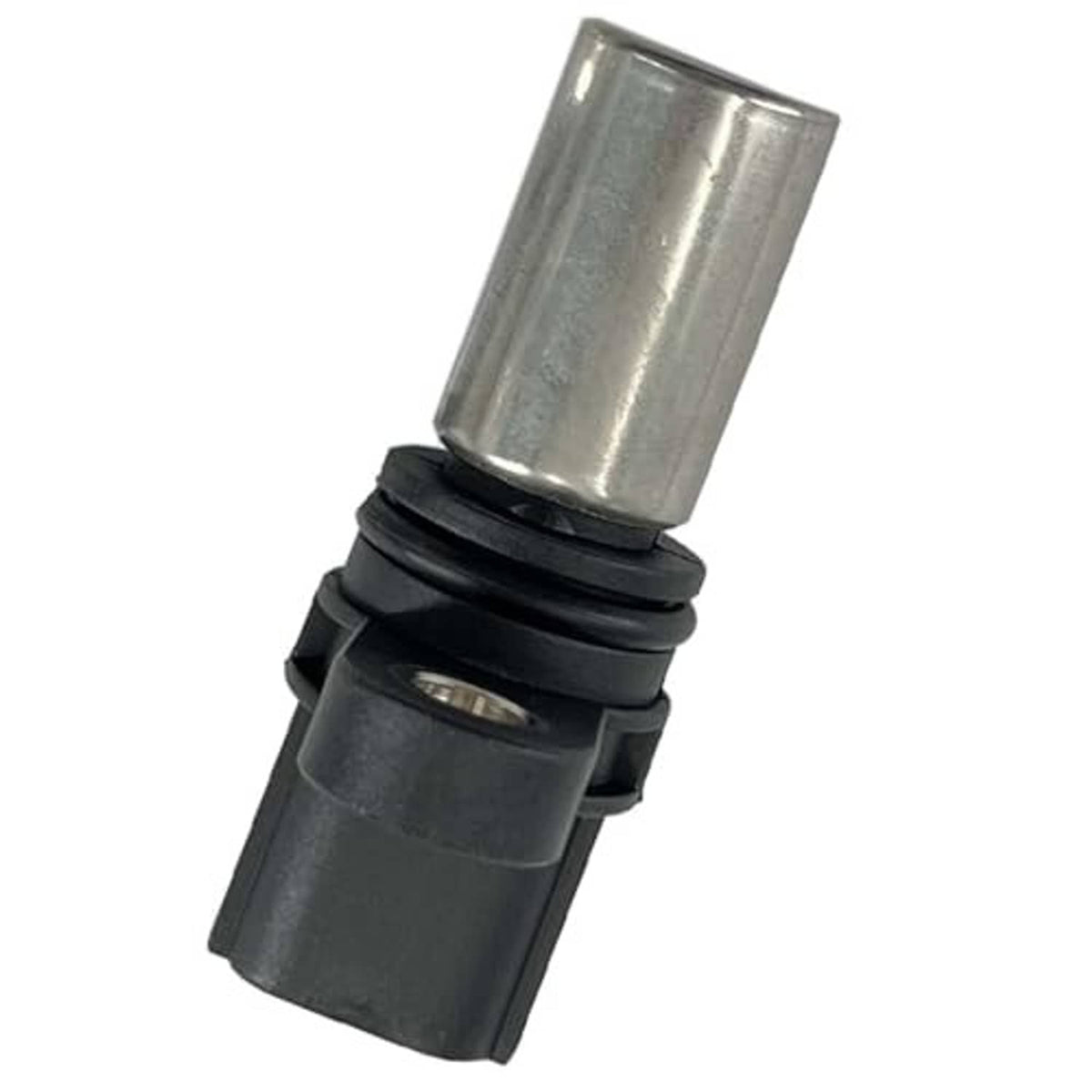 Crankshaft position sensor angled view, black connector with tall silver metal tube