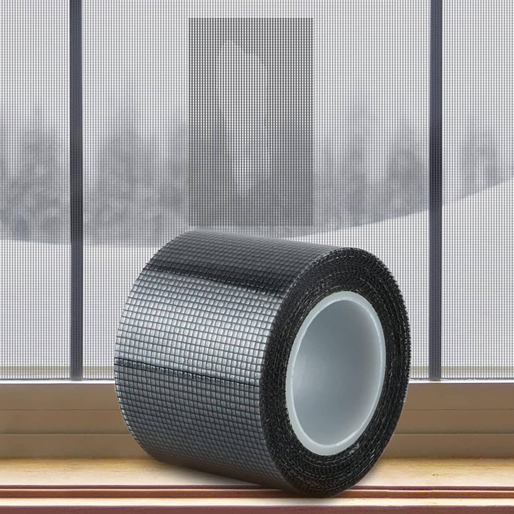 Window screen repair tape roll with dark mesh and white adhesive backing.