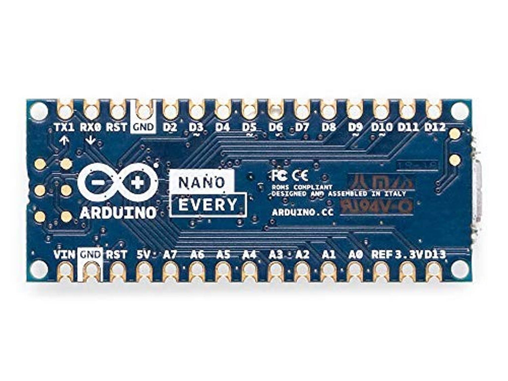 Arduino Nano Every PCB underside with labeled pins and compliance markings